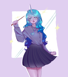 Size: 2150x2428 | Tagged: safe, artist:yyosei, izzy moonbow, human, g5, abstract background, cardigan, clothes, cute, cutie mark on clothes, ear piercing, eyelashes, female, glasses, gradient mane, high res, horn, horned humanization, humanized, izzybetes, jewelry, lips, meganekko, necklace, piercing, pleated skirt, pony coloring, round glasses, skirt, solo, wand