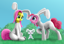 Size: 2631x1806 | Tagged: safe, artist:odooee, angel bunny, fluttershy, pinkie pie, earth pony, pegasus, pony, rabbit, g4, animal, animal costume, bunny costume, clothes, costume, easter, female, frown, grass, heart eyes, high res, holiday, male, mare, open mouth, open smile, sitting, smiling, trio, wingding eyes