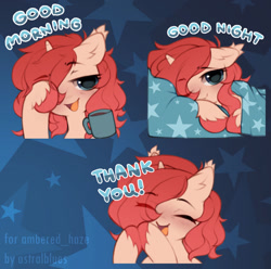 Size: 1280x1269 | Tagged: safe, artist:astralblues, oc, oc only, pony, unicorn, bed, coffee mug, female, hooves together, looking at you, lying down, lying on bed, mare, mug, on bed, smiling, solo, waking up