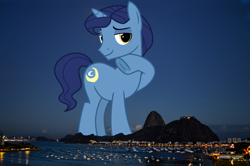 Size: 2703x1797 | Tagged: safe, artist:cheezedoodle96, artist:thegiantponyfan, edit, night light, pony, unicorn, g4, brazil, giant pony, giant unicorn, high res, highrise ponies, hoof on chin, irl, looking at you, macro, male, mega giant, mountain, night, photo, ponies in real life, raised hoof, rio de janeiro, smiling, smiling at you, stallion, underhoof
