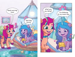 Size: 2048x1536 | Tagged: safe, artist:agnes garbowska, official comic, izzy moonbow, sunny starscout, earth pony, pony, unicorn, g5, my little pony: a new generation, official, 2 panel comic, book, comic, female, izzy comes home, mare, music box, preview, speech bubble