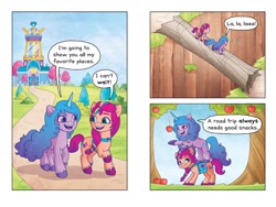 Size: 2048x1536 | Tagged: safe, artist:agnes garbowska, official comic, izzy moonbow, sunny starscout, earth pony, pony, unicorn, g5, my little pony: a new generation, official, apple, book, comic, female, food, izzy comes home, mare, preview