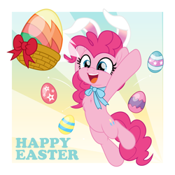 Size: 5000x5000 | Tagged: safe, artist:jhayarr23, pinkie pie, earth pony, pony, g4, absurd resolution, basket, bunny ears, chest fluff, commission, easter, easter egg, egg, happy easter, holiday, open mouth, open smile, smiling, solo, throwing, ych result