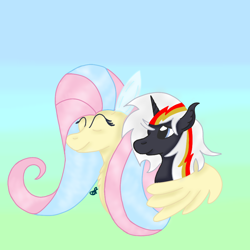 Size: 1000x1000 | Tagged: safe, artist:artiststr, fluttershy, oc, oc:velvet remedy, pegasus, pony, unicorn, fallout equestria, g4, bunny ears, easter, female, holiday, hug, mare, ministry of peace, older, older fluttershy, smiling, winghug, wings