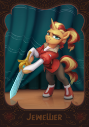Size: 1668x2388 | Tagged: safe, artist:jewellier, sunset shimmer, pony, unicorn, g4, adora, alternate hairstyle, boots, clothes, collaboration, cosplay, costume, female, jacket, mare, pants, she-ra, she-ra and the princesses of power, shirt, shoes, solo, sunset cosplay flashmob, sword, weapon