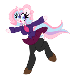 Size: 1280x1371 | Tagged: safe, artist:ladylullabystar, oc, oc only, oc:lullaby star, unicorn, anthro, unguligrade anthro, arm hooves, blazer, clothes, cute, looking at you, multicolored mane, multicolored tail, necktie, ocbetes, school uniform, shoes, simple background, skirt, smiling, solo, stockings, tail, thigh highs, transparent background, zettai ryouiki