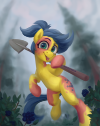 Size: 1746x2180 | Tagged: safe, artist:jewellier, oc, oc only, earth pony, pony, birthday gift art, blueberry, food, forest, gift art, shovel, solo, tongue out, tree