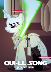 Size: 1200x1680 | Tagged: safe, oc, oc:qui-ll song, pony, unicorn, belt, boots, clothes, darth maul, droid, droids, duel, duel of the fates, episode 1, jedi, jedi master, lightsaber, master, movie, naboo, obi-wan kenobi, old pony, planet, qui-gon jinn, robe, shoes, solo, star wars, star wars: the phantom menace, sword, weapon