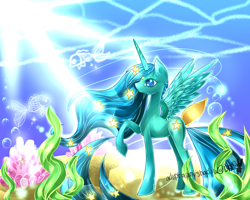 Size: 1500x1200 | Tagged: safe, artist:aquagalaxy, oc, oc only, alicorn, fish, pony, blue eyes, blue mane, bubble, commission, coral, crepuscular rays, feather, female, flowing mane, flowing tail, horn, mare, ocean, raised hoof, seaweed, signature, solo, spread wings, sunlight, tail, underwater, water, wings