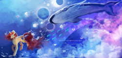 Size: 3400x1617 | Tagged: safe, artist:aquagalaxy, oc, oc only, fish, jellyfish, pony, unicorn, bubble, cloud, crepuscular rays, female, flowing mane, flowing tail, horn, mare, ocean, red mane, sky, solo, sunlight, surreal, swimming, tail, underwater, water