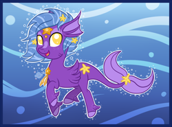 Size: 680x502 | Tagged: safe, artist:happy-go-creative, oc, oc only, merpony, starfish, blue background, blue mane, bubble, crepuscular rays, fish tail, flowing tail, male, ocean, open mouth, simple background, smiling, solo, sunlight, swimming, tail, underwater, unshorn fetlocks, water, yellow eyes