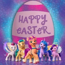 Size: 1080x1080 | Tagged: safe, hitch trailblazer, izzy moonbow, pipp petals, sunny starscout, zipp storm, earth pony, pegasus, pony, unicorn, g5, my little pony: a new generation, official, easter, facebook, female, happy easter, holiday, male, mane five, mare, stallion