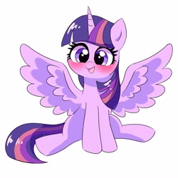 Size: 4096x4096 | Tagged: safe, artist:leo19969525, twilight sparkle, alicorn, pony, g4, blushing, cute, female, horn, mare, open mouth, open smile, simple background, sitting, smiling, solo, spread wings, twiabetes, twilight sparkle (alicorn), white background, wings