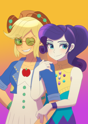 Size: 2894x4093 | Tagged: safe, artist:haibaratomoe, applejack, rarity, human, equestria girls, g4, duo, female, glasses, grin, lesbian, one eye closed, ship:rarijack, shipping, smiling, wings