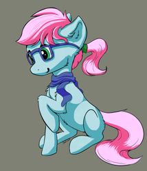 Size: 1404x1640 | Tagged: safe, artist:shaliwolf, oc, oc only, unnamed oc, earth pony, pony, blank flank, clothes, glasses, ponytail, raised hoof, scarf, sitting, smiling, solo