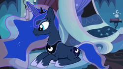 Size: 1920x1080 | Tagged: safe, artist:cheburek, princess luna, pony, unicorn, g4, absurd file size, absurd gif size, animated, blinking, crown, ethereal hair, ethereal mane, ethereal tail, female, flowing hair, flowing mane, flowing tail, frown, gif, jewelry, lying down, magic, magic aura, mare, missing wing, prone, race swap, regalia, sitting, solo, sparkles, tail, unicorn luna, wingless