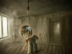 Size: 2000x1500 | Tagged: safe, artist:menalia, oc, oc only, unnamed oc, earth pony, pony, abandoned, bow, clothes, door, female, hair bow, indoors, lightbulb, mare, pants, raised hoof, ribbon, room, shirt, shoes, solo, standing, walking, window