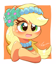 Size: 1792x2072 | Tagged: safe, artist:leo19969525, applejack, earth pony, pony, g4, blushing, bust, cute, female, freckles, jackabetes, mare, open mouth, simple background, solo, sweat, white background