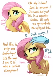 Size: 1416x2048 | Tagged: safe, artist:maren, fluttershy, pegasus, pony, g4, aside glance, biting, bust, dialogue, disembodied hand, engrish, female, floppy ears, folded wings, hair bite, hand, hooves to the chest, looking at you, mare, meta, nervous, petting, shading, shy, simple background, solo, sweat, sweatdrop, sweatdrops, white background, wings