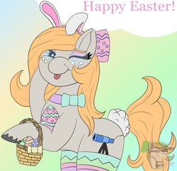 Size: 1240x1200 | Tagged: safe, artist:gray star, derpibooru exclusive, oc, oc:gray star, :p, basket, bow, bunny ears, bunny tail, clothes, collar, easter, easter basket, easter egg, glasses, hair bow, holiday, leggings, tail, tongue out