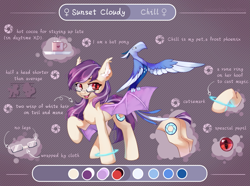 Size: 2683x2000 | Tagged: safe, artist:twinkling, oc, oc only, oc:sunset cloudy, bat pony, original species, phoenix, pony, colored ear fluff, cute, cute little fangs, ear fluff, fangs, female, glasses, mare, pet, red eyes, reference sheet, slit pupils, solo