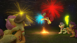 Size: 1280x720 | Tagged: safe, artist:slabs37, apple bloom, applejack, fluttershy, scootaloo, sweetie belle, earth pony, pony, g4, 3d, 3ds max, chaharshanbe suri, cutie mark crusaders, fire, fireworks, jumping, sparkler (firework), stars