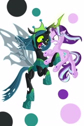 Size: 2000x3000 | Tagged: safe, artist:justsomepainter11, queen chrysalis, starlight glimmer, changeling, pony, unicorn, g4, season 9, the ending of the end, angry, duo, duo female, ears back, fangs, female, fight, flying, frown, gritted teeth, high res, looking at each other, looking at someone, mare, open mouth, polka dot background, rainbow power, simple background, teeth, trace, ultimate chrysalis, white background, wings