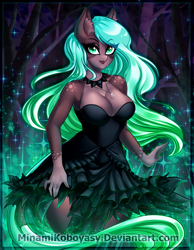 Size: 2902x3737 | Tagged: safe, artist:minamikoboyasy, oc, oc only, oc:luminessence, earth pony, anthro, breasts, clothes, commission, dress, ear fluff, earth pony oc, female, high res, jewelry, looking at you, necklace, solo