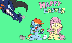 Size: 3146x1915 | Tagged: safe, artist:dragonboi471, fluttershy, rainbow dash, oc, dragon, pegasus, pony, g4, angry, dragon egg, dragon oc, dragoness, easter, egg, female, green background, holiday, mare, simple background, this will end in pain, this will not end well, tongue out