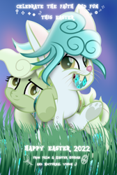 Size: 3470x5167 | Tagged: safe, artist:php178, oc, oc only, oc:easter sundae, oc:palm sundae, earth pony, hybrid, original species, pony, rabbit, rabbit pony, g4, my little pony: the movie, rainbow roadtrip, rarity takes manehattan, .svg available, animal, blue hair, blue mane, blue tail, bucktooth, bunny ears, bunny tail, bunny teeth, carrying, christianity, cloud, cross, curly hair, curly mane, curly tail, cute, duo, duo female, earth pony oc, easter, easter bunny, easter egg, egg (food), equestria font, female, food, glowing, gradient mane, gradient tail, grass, grass field, happy, heart, holiday, hoof heart, ice cream, ice cream cone, leaning, looking at you, lying down, lying on top of someone, mare, mouth hold, movie accurate, ocbetes, paw pads, sibling love, siblings, sigil, sisters, smiling, smiling at you, sunrise, svg, symbol, tail, text, vector, well wishing
