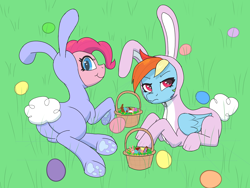 Size: 2800x2106 | Tagged: safe, artist:sufficient, pinkie pie, rainbow dash, pony, g4, animal costume, bunny costume, bunny ears, butt, candy, clothes, costume, easter, easter egg, food, grass, grumpy, happy, high res, holiday, lying down, plot