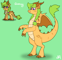 Size: 1101x1063 | Tagged: safe, artist:greenarsonist, oc, oc only, oc:gumsy, dragon, pony, pony town, bipedal, braid, dragon oc, horns, solo, spread wings, standing, tooth, wings