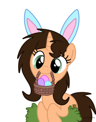 Size: 1118x1424 | Tagged: safe, artist:nerdy-pony, artist:small-brooke1998, oc, oc only, oc:small brooke, pony, unicorn, basket, easter, easter basket, easter egg, holiday, simple background, solo, white background