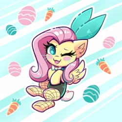Size: 3175x3180 | Tagged: safe, artist:confetticakez, fluttershy, pegasus, pony, :3, abstract background, blush sticker, blushing, bowtie, bunny suit, carrot, chibi, clothes, cute, easter, egg, female, fishnets, food, holiday, looking at you, mare, one eye closed, open mouth, open smile, shyabetes, smiling, smiling at you, solo, wink
