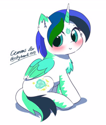 Size: 3066x3600 | Tagged: safe, artist:leo19969525, oc, oc only, alicorn, pony, commission, cute, female, green eyes, high res, horn, mare, ocbetes, simple background, sitting, smiling, solo, white background, wings