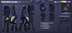 Size: 7963x3717 | Tagged: safe, artist:stardustspix, oc, oc only, cyborg, earth pony, pony, amputee, expressions, male, prosthetic eye, prosthetic leg, prosthetic limb, prosthetics, reference sheet, solo