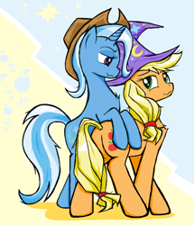 Size: 1020x1186 | Tagged: safe, artist:sallycars, applejack, trixie, earth pony, pony, unicorn, g4, accessory swap, applejack's hat, bipedal, butt, clothes, cowboy hat, duo, female, freckles, hat, legitimately amazing mspaint, lesbian, looking at each other, looking at someone, mare, ms paint, plot, shipping, tripplejack, trixie's hat