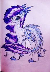 Size: 980x1419 | Tagged: safe, artist:eclast, oc, oc only, oc:ameretie amethyst, dracony, hybrid, female, interspecies offspring, mare, offspring, parent:rarity, parent:spike, parents:sparity, solo, traditional art