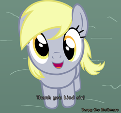 Size: 1331x1243 | Tagged: safe, artist:dawn bright, derpibooru exclusive, derpy hooves, pegasus, pony, :d, cute, derpabetes, dialogue, elder scrolls, female, front view, looking at you, looking up, looking up at you, mare, meme, oblivion, open mouth, open smile, ponified meme, reference, show accurate, smiling, solo, thank you kind sir, the elder scrolls, weapons-grade cute