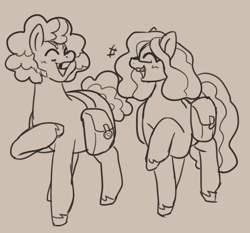 Size: 1076x1002 | Tagged: safe, artist:greenarsonist, oc, oc only, oc:caramel cane, oc:lavender atlas, earth pony, pony, bag, earth pony oc, glasses, laughing, looking at each other, monochrome, saddle bag, sketch, smiling, smiling at each other, solo, younger