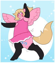 Size: 1154x1313 | Tagged: safe, artist:greenarsonist, oc, oc:giggle, pegasus, pony, blushing, chubby, clothes, dancer, dancing, dress, eyeshadow, fat, female, makeup, pegasus oc, smiling, socks, solo, spread wings, wings