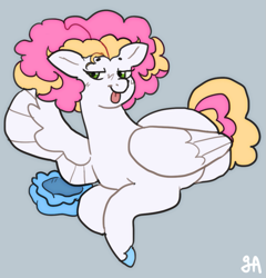 Size: 963x1005 | Tagged: safe, artist:greenarsonist, oc, oc only, oc:sweet hearts💕, pegasus, pony, bonnet, lying down, morning, pegasus oc, poofy mane, solo, tongue out