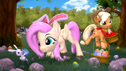Size: 3840x2160 | Tagged: safe, artist:owlpirate, angel bunny, applejack, fluttershy, earth pony, pegasus, pony, rabbit, g4, 3d, 4k, animal, apple, basket, bunny ears, cute, easter, easter egg, female, food, high res, holiday, jackabetes, lesbian, male, mare, mouth hold, ship:appleshy, shipping, shyabetes, smiling, source filmmaker, unshorn fetlocks