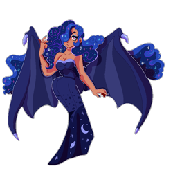 Size: 800x800 | Tagged: safe, artist:orphicswanart, princess luna, human, g4, bare shoulders, bat wings, clothes, dark skin, dress, female, hair over one eye, humanized, simple background, sleeveless, solo, strapless, transparent background, winged humanization, wings