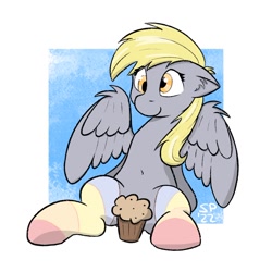 Size: 1222x1223 | Tagged: safe, artist:single purpose, derpy hooves, pegasus, pony, g4, belly button, censored, censored vulva, clothes, ear fluff, female, floppy ears, food, mare, muffin, partially open wings, simple background, sitting, smiling, socks, solo, strategically covered, striped socks, white background, wing fluff, wings