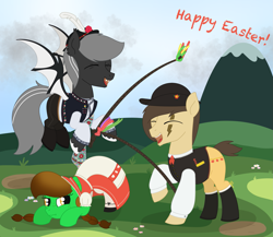 Size: 2371x2055 | Tagged: safe, artist:dyonys, oc, oc:angelo, oc:lucky brush, oc:night chaser, bat pony, earth pony, pony, clothes, czech republic, easter, face down ass up, fangs, female, flying, folk, freckles, hat, high res, holiday, laughing, male, mare, outdoors, scar, stallion, standing