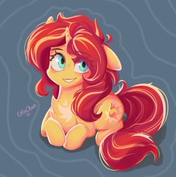 Size: 3616x3637 | Tagged: safe, artist:katakiuchi4u, sunset shimmer, pony, unicorn, g4, chest fluff, eye clipping through hair, eyebrows, eyebrows visible through hair, female, freckles, high res, looking at you, lying down, one ear down, peppered bacon, smiling, solo