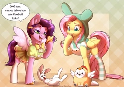 Size: 2194x1543 | Tagged: safe, artist:_ladybanshee_, angel bunny, cloudpuff, fluttershy, pipp petals, dog, pegasus, pony, rabbit, g4, g5, adorapipp, angel is a bunny bastard, angelbetes, animal, bunny ears, bunny hood, clothes, cloudbetes, cloudpuff is not amused, costume, cute, dress, ear fluff, easter, female, fetlock tuft, generational ponidox, holiday, hoodie, laughing, mare, open mouth, phone, shyabetes, signature, socks, striped socks, unamused, unshorn fetlocks, winged dog, wings