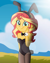 Size: 1024x1298 | Tagged: safe, artist:emeraldblast63, sunset shimmer, human, equestria girls, g4, adorasexy, bare shoulders, bunny suit, clothes, cute, easter, female, holiday, legs together, sexy, sleeveless, smiling, solo, strapless, stupid sexy sunset shimmer