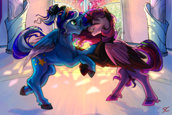 Size: 11811x7874 | Tagged: safe, artist:sourcherry, oc, oc only, alicorn, pony, alicorn oc, dancing, door, duo, duo female, female, glass, horn, light, mare, pillar, ribbon, shadow, stained glass, wings